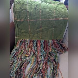 Anthropologie Green Woolen Threaded Throw Blanket